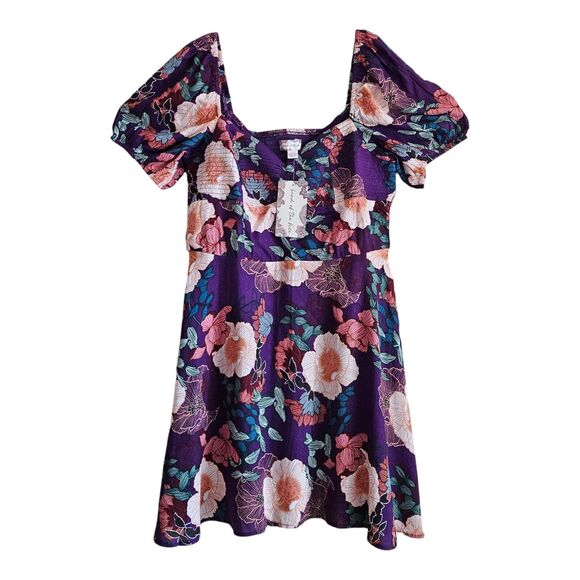NWT Band of the Free Aimee Purple Floral Puff Sleeve Mini Dress - Picture 1 of 10